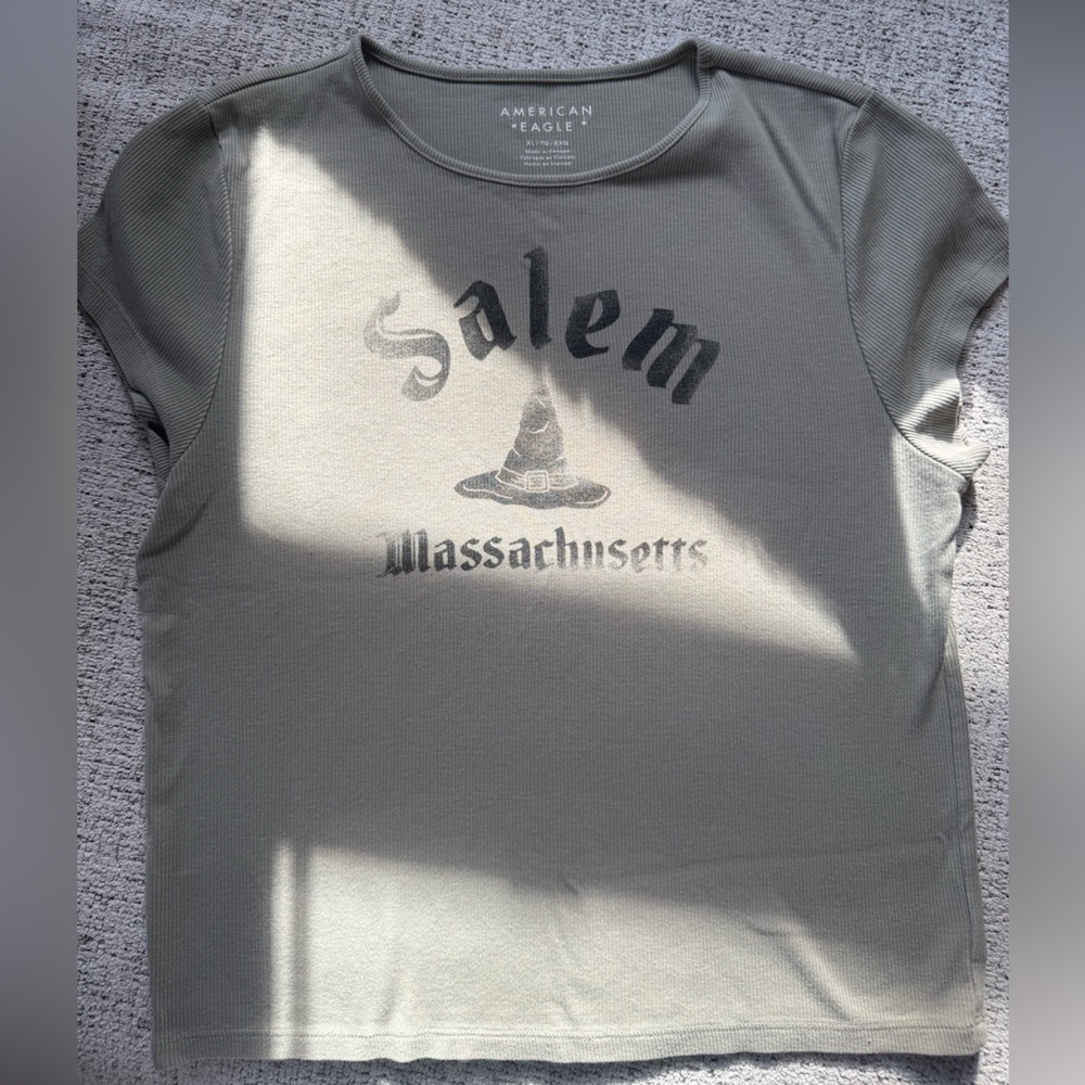 American Eagle Salem Witch XL baby tee sage green